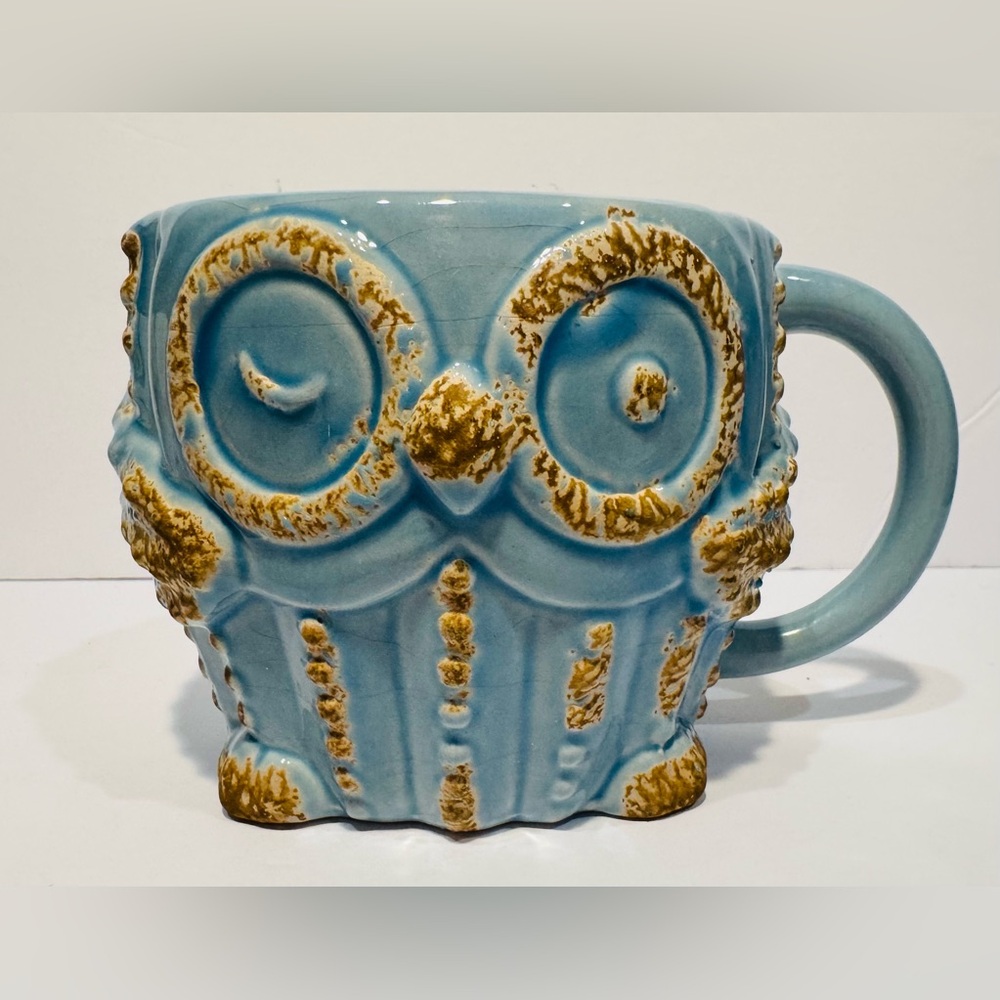 Owl Ceramic Plant Pot Blue and Brown NWOT